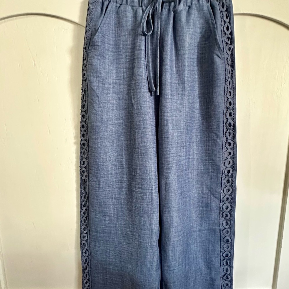 Linen-Blend Wide Leg Pants with Lace Trim - Blue